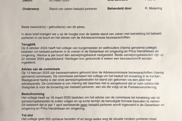 Gemeente trekt besluit betaaldparkeren weer in na bezwaren VLZ.